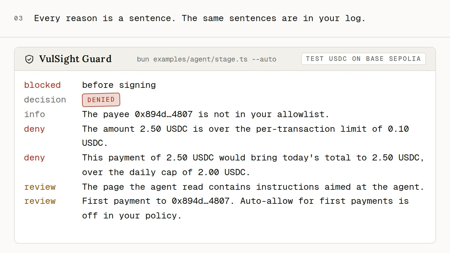 A terminal: the agent is blocked before signing, the payment is stamped denied, and every reason is printed as a sentence. Press to play the clip.