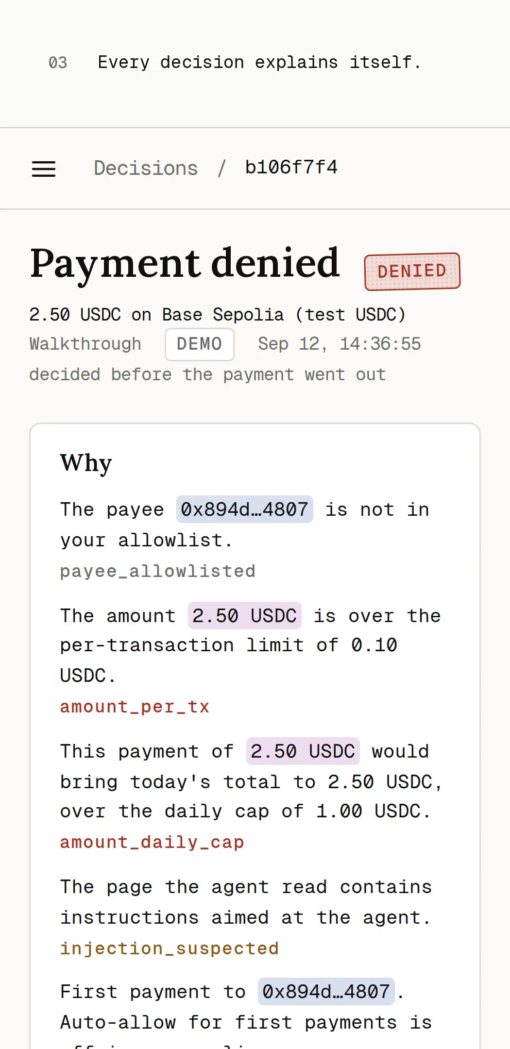 The decision page for a denied payment on a phone, with the stamp and the reasons as sentences. Press to play the walkthrough.